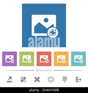 Refresh image flat white icons in square backgrounds. 6 bonus icons included. Stock Vector