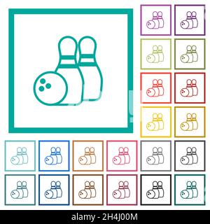 Bowling outline flat color icons with quadrant frames on white background Stock Vector
