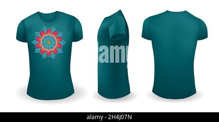 Green male t shirt with mandala. Front, back and side view. Vector Stock Vector