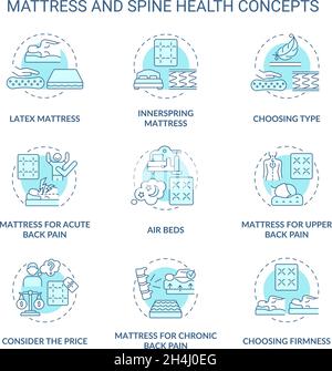 Mattress and spine health blue concept icons set Stock Vector