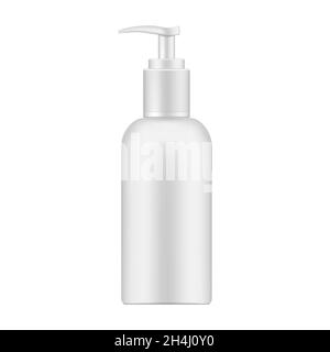 White cosmetic bottle with dispenser, realistic mockup. Beauty skin care product packaging container, vector mock-up Stock Vector