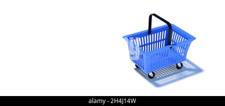 Basket shop empty, supermarket cart blue color isolated on white background. Food groceries shopping, copy space, commercial template. 3d illustration Stock Photo