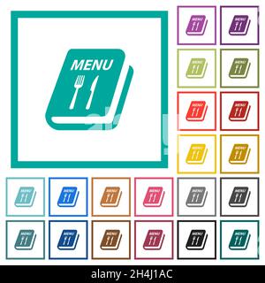 Menu with fork and knife flat color icons with quadrant frames on white background Stock Vector