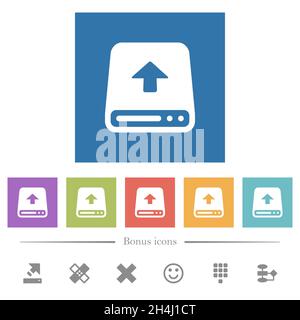 Upload from hard disk flat white icons in square backgrounds. 6 bonus icons included. Stock Vector