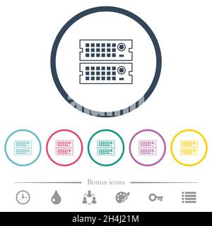 Rack servers outline flat color icons in round outlines. 6 bonus icons included. Stock Vector