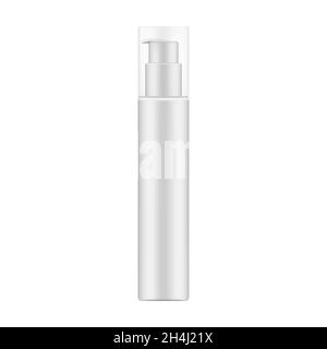 White cosmetic bottle with dispenser and clear transparent lid, realistic mockup. Beauty skin care product container, vector mock-up Stock Vector