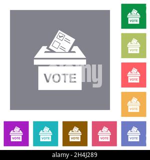 Voting paper and ballot box solid flat icons on simple color square backgrounds Stock Vector