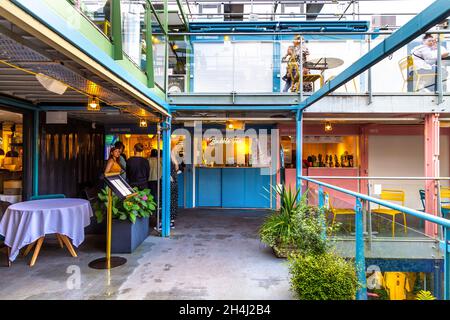 Interior of Buck Street Market, food and artisan market made of shipping containers, Camden, London, UK Stock Photo