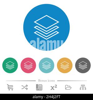 Layers outline flat white icons on round color backgrounds. 6 bonus icons included. Stock Vector