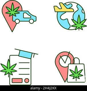 Worldwide cannabis industry RGB color icons set Stock Vector