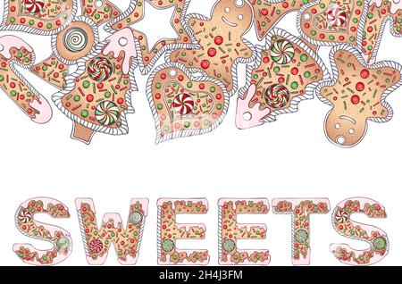 Gingerbread lettering sweets frame color Stock Vector