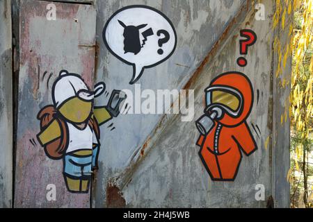 Pokemon graffiti at the abandoned Duga Radar site in the Chernobyl Exclusion Zone Stock Photo