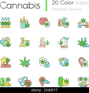 Cannabis in everyday life RGB color icons set Stock Vector