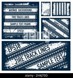 Grunge text tire tracks white frames set Stock Vector