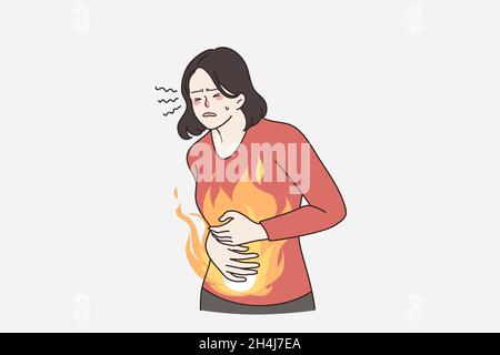 Unhealthy woman suffer from stomach ache or gastritis. Unwell female touch belly struggle with abdominal pain. Diarrhea or constipation. Gastric disease or bloating. Flat vector illustration.  Stock Vector