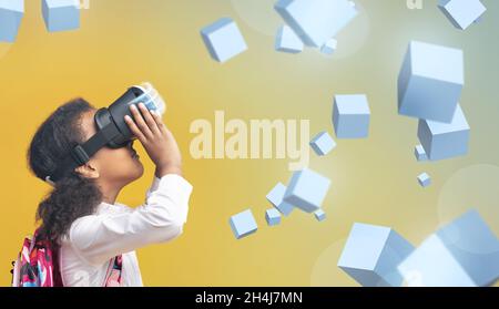 Black girl using VR headset to explore augmented reality, playing with virtual cubes on orange background, collage Stock Photo