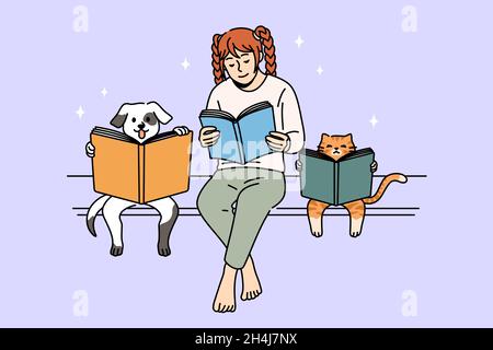 Reading book and funny education concept. Smiling positive girl funny dog and cat sitting on bench reading books together enjoying time vector illustration  Stock Vector