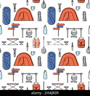 Hiking bundle seamless pattern. Collection of items for hiking tourism repeatable background. Isolated vector illustration Stock Vector