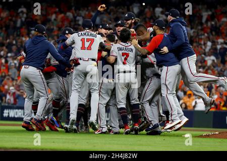 Atlanta, USA. 05th Nov, 2021. Pitcher Will Smith celebrates at a