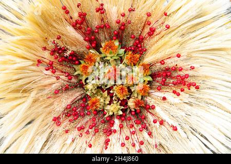 Full frame background of a decorative bouquet of colorful dry flowers and gold wheat. Stock Photo