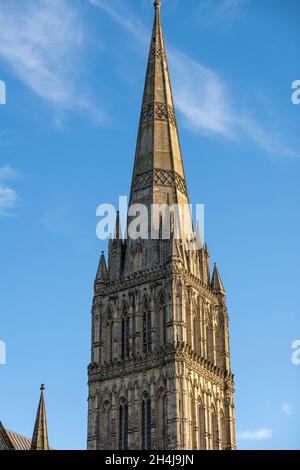 Salisbury, Wiltshire, England, UK. 2021. Salisbury Cathedral spire at 404 feet the highest spire in Britiain. Stock Photo