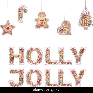 Gingerbread lettering holly jolly color Stock Vector