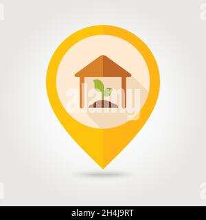 Greenhouse flat mapping pin icon with long shadow, eps 10 Stock Vector