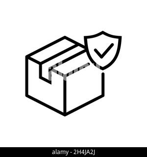 Secure delivery icon. Package box with shield symbol. Check mark tick inside shield. Track order, safe shipping symbol. Product delivery guarantee Stock Vector