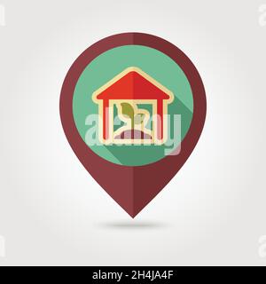 Greenhouse flat mapping pin icon with long shadow, eps 10 Stock Vector