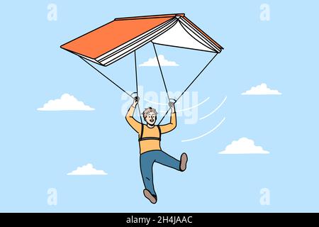 Education and learning information concept. Positive boy pupil paragliding on huge book flying on sky vector illustration  Stock Vector