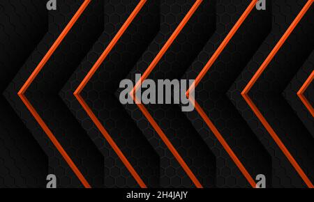 Dark abstract hexagon background with orange arrows on a gray hexagonal grid. Futuristic modern orange metallic arrows and dark gray honeycomb Stock Vector