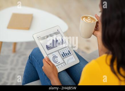 Young black lady relaxing at home, drinking coffee and checking passive income app at free time, collage Stock Photo