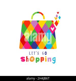 Shopping icon creative concept.  Handbag shape with geometric colorful texture in vector mask. Shopping bag logo idea. Bright lettering Let's Go Shopp Stock Vector