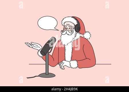 Santa Claus in red festive costume talk speak on radio on microphone with children audience. Father Christmas do online broadcast or live podcast with mic. New Year. Flat vector illustration.  Stock Vector