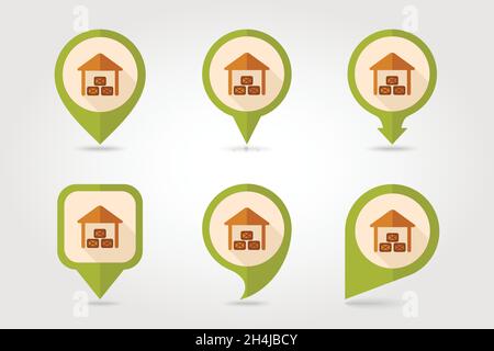 Shed flat mapping pin icon with long shadow, eps 10 Stock Vector