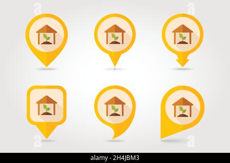 Greenhouse flat mapping pin icon with long shadow, eps 10 Stock Vector