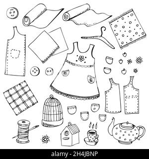 Sewing vector equipment set, hand drawn illustration collection isolated on white background Stock Vector