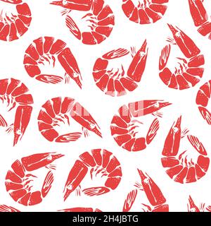 Shrimp seamless vector pattern, hand drawn prawn background Stock Vector