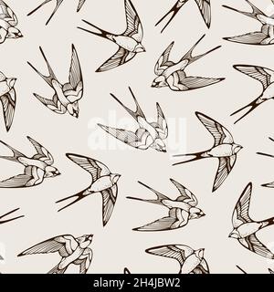 Swallow bird vector seamless pattern, hand drawn background Stock Vector