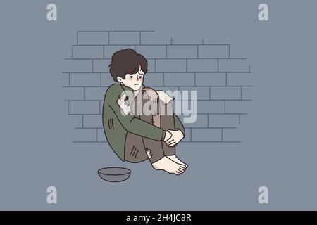 Poor unhappy small boy begging on street with empty bowl. Upset little homeless kid hungry sad ask for help or food outdoors. Poverty, children beggar concept. Vector illustration. Cartoon character.  Stock Vector