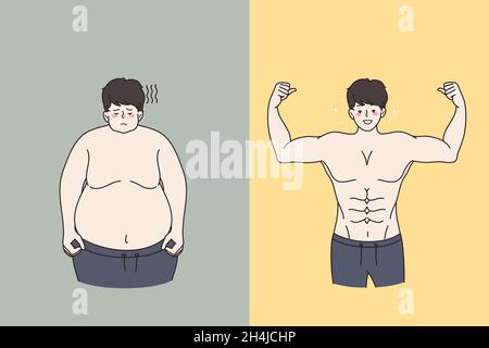 Man before after weight loss. Unhappy insecure obese fat male and smiling muscular toned. Healthy lifestyle concept. Dieting and nutrition planning. Sport and exercise result. Vector illustration.  Stock Vector