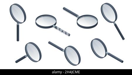 Isometric Magnifying Glass. Magnifier or Loupe. Convex lens that is used to produce a magnified image of an object. Stock Vector