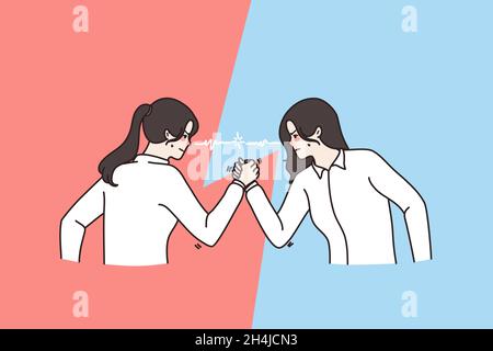 Aggressive mad women rivals have arm wrestling match. Furious decisive female opponents employees fight for leadership show power. Armwrestling, competition concept. Vector illustration.  Stock Vector