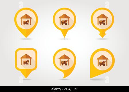 Cowshed flat mapping pin icon with long shadow, eps 10 Stock Vector