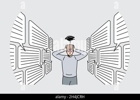Too much information and communication concept. Young stressed man cartoon character standing touching head with many speech bubbles on each sides vector illustration  Stock Vector