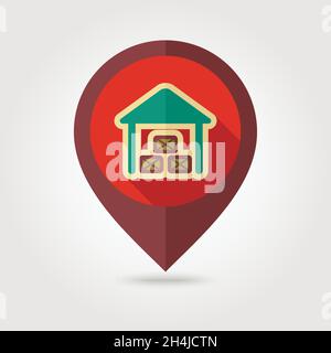 Shed flat mapping pin icon with long shadow, eps 10 Stock Vector
