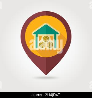 Shed flat mapping pin icon with long shadow, eps 10 Stock Vector