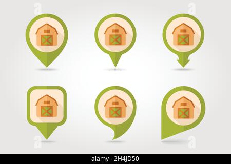 Barn house flat mapping pin icon with long shadow, eps 10 Stock Vector