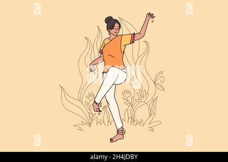 Happy young woman dancer in Indian clothes enjoy traditional dance outdoor in nature. Smiling girl show folk oriental movement gestures. India culture concept. Cartoon character, vector illustration.  Stock Vector