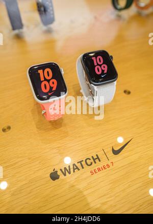 lose-up of new wearable computer Nike Apple Watch Series 7 smartwatch displaying the interface home screen Stock Photo